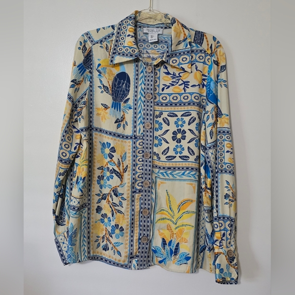 Rachel Zoe Tropical Long Sleeve Silky Blouse Resortwear Vacation Toucan Parrot - Picture 1 of 11